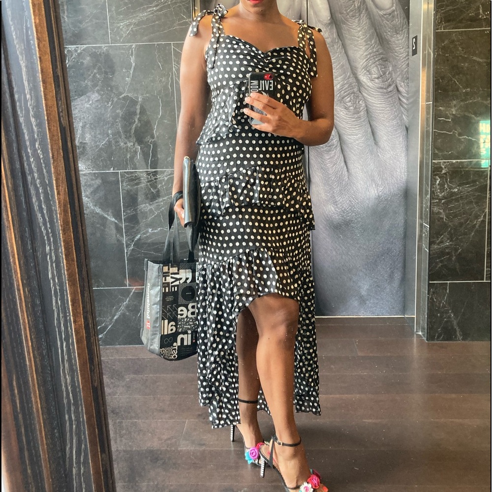 Polka dot high low dress with tie shoulder